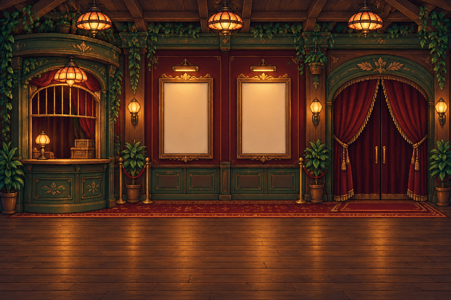 A tiny pixel cinema lobby with glowing amber lamps, a ticket booth, and red velvet curtains